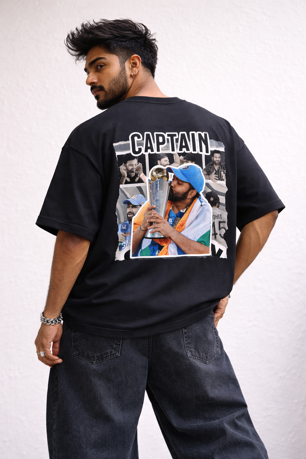 Rohit Sharma Captain Oversized Black Tshirt