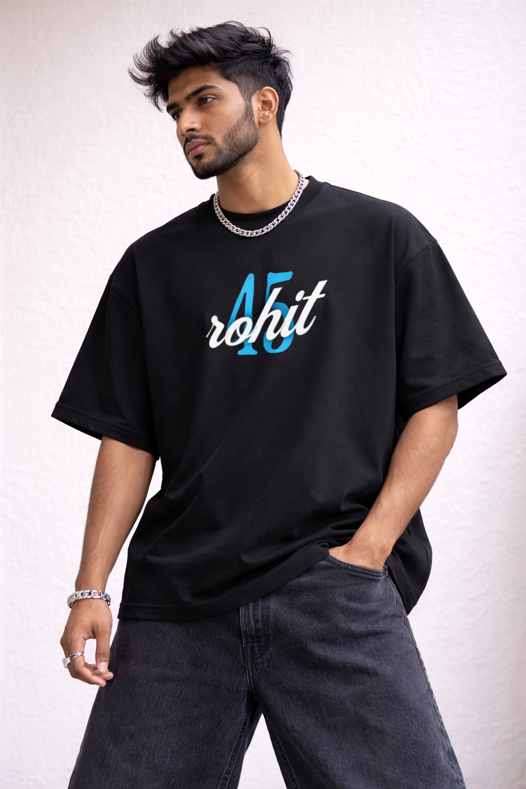 Rohit Sharma Captain Oversized Black Tshirt
