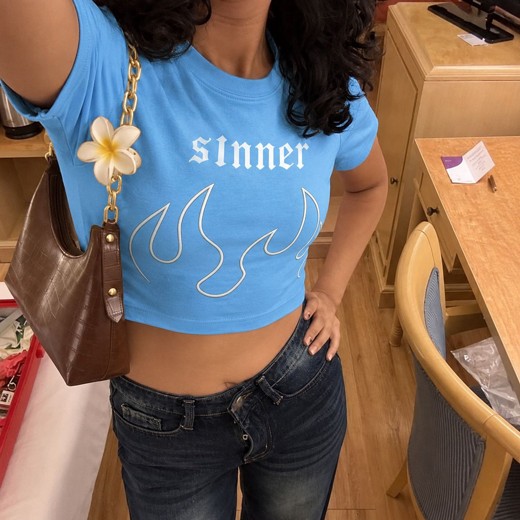 Sinner Flame Graphic Baby Tee – Y2K Aesthetic Crop Top